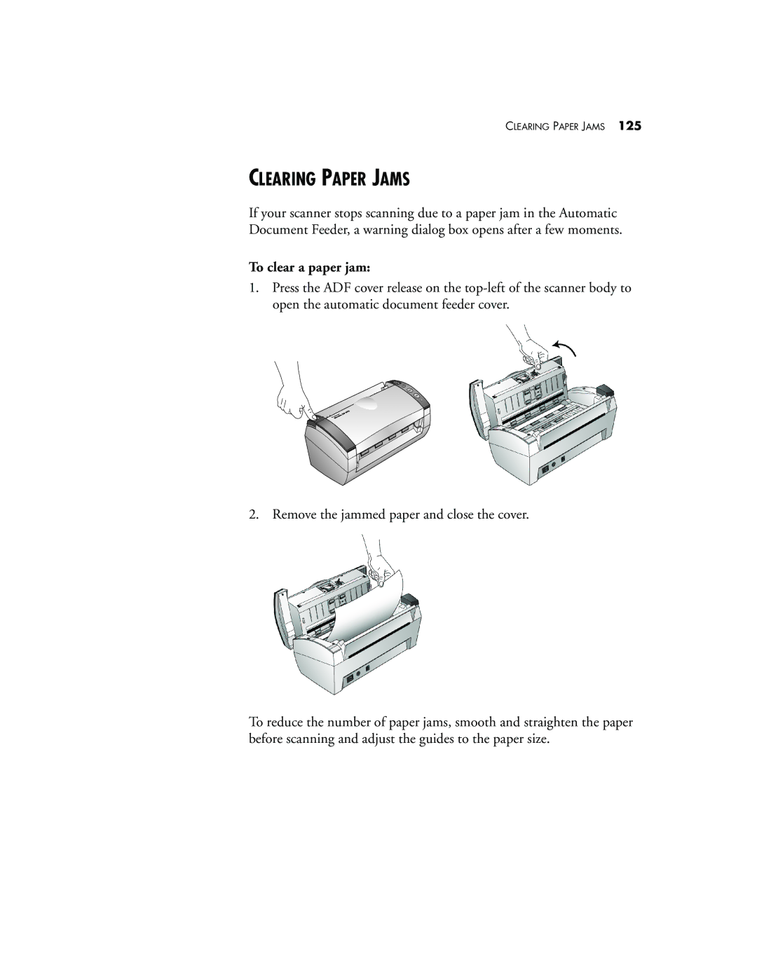 Visioneer XP 470 manual Clearing Paper Jams, To clear a paper jam 