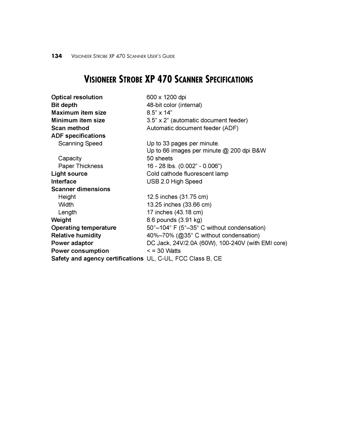 Visioneer manual Visioneer Strobe XP 470 Scanner Specifications, ADF specifications 