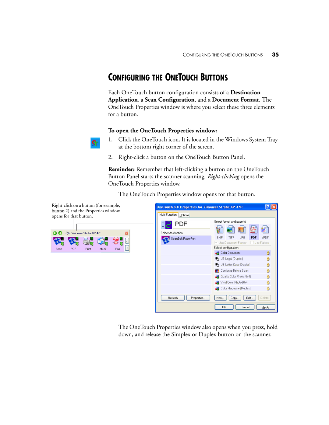 Visioneer XP 470 manual Configuring the Onetouch Buttons, To open the OneTouch Properties window 