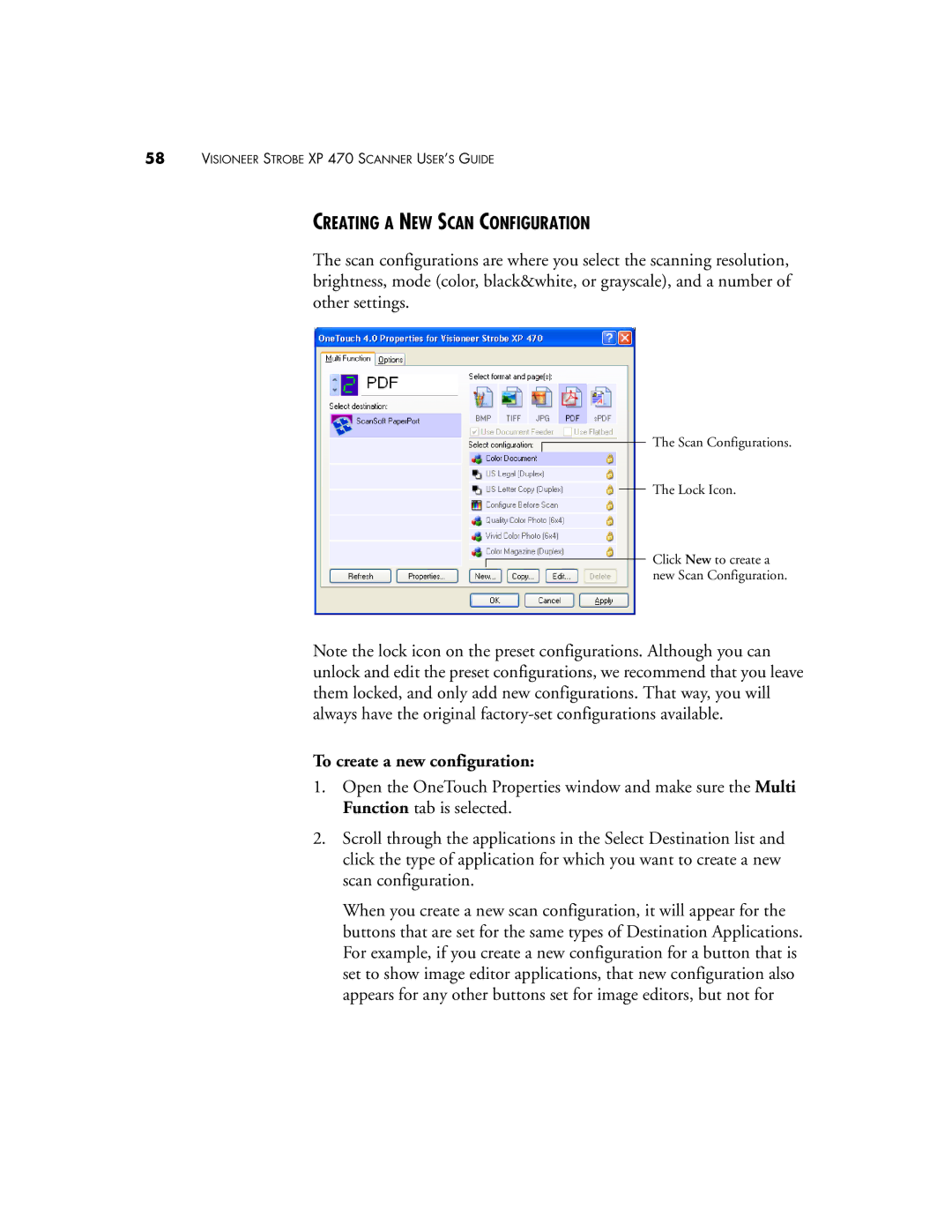 Visioneer XP 470 manual Creating a NEW Scan Configuration, To create a new configuration 