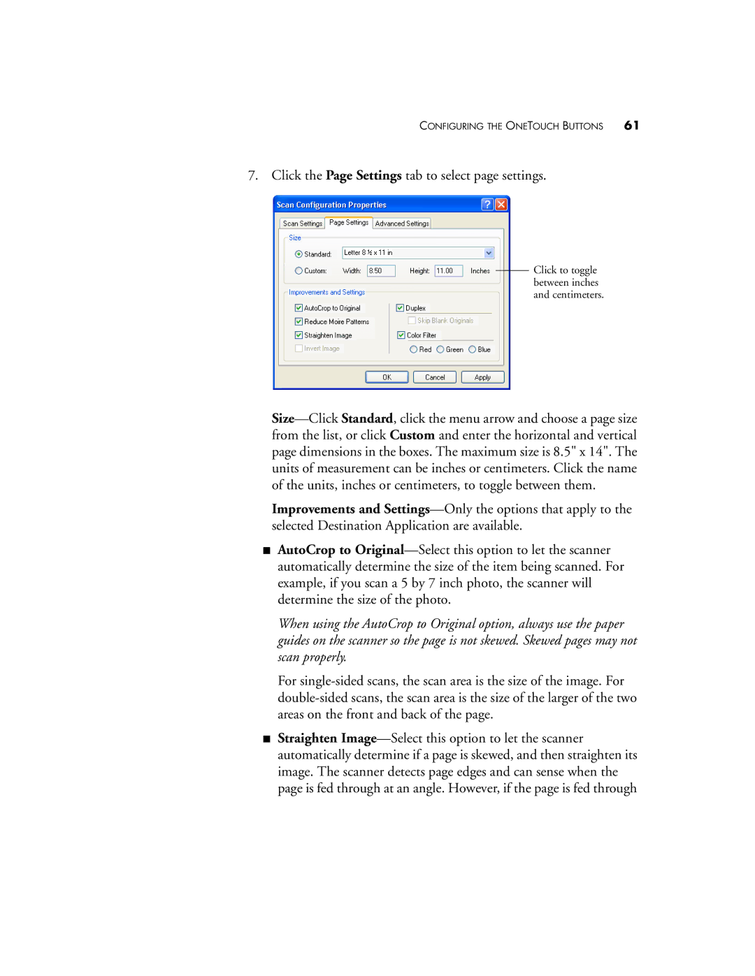 Visioneer XP 470 manual Click the Page Settings tab to select page settings 