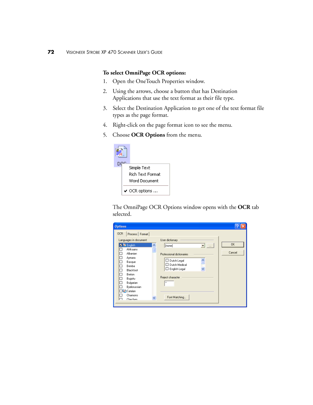 Visioneer XP 470 manual To select OmniPage OCR options 