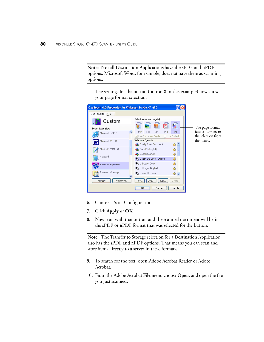 Visioneer XP 470 manual Format icon is now set to the selection from the menu 