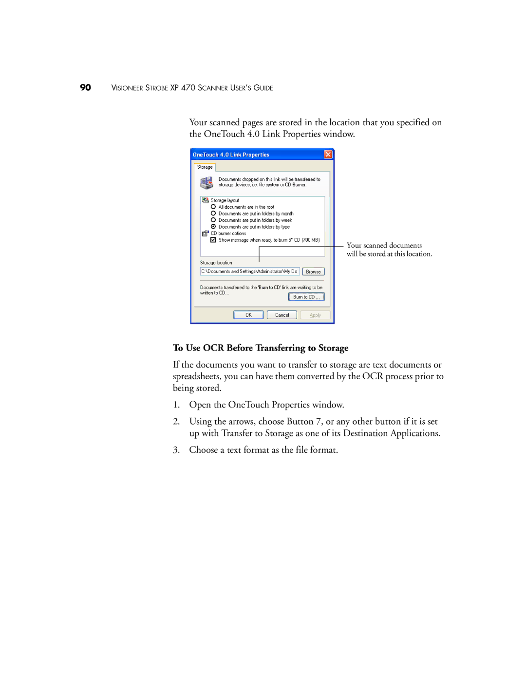 Visioneer XP 470 manual To Use OCR Before Transferring to Storage 