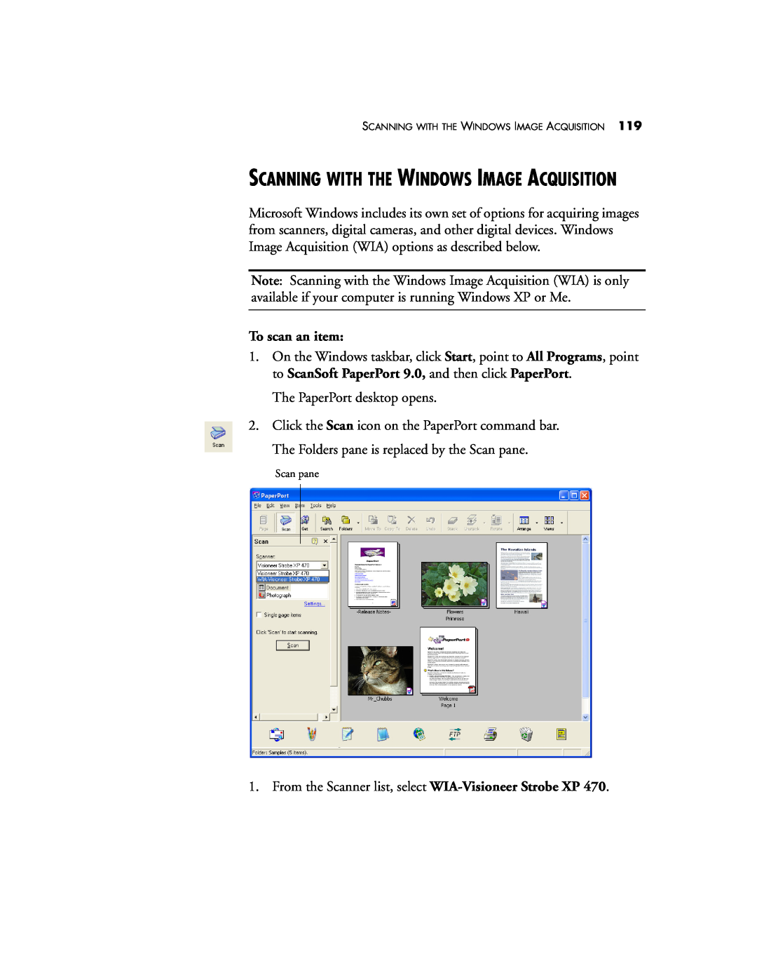 Visioneer XP 470 manual Scanning With The Windows Image Acquisition, To scan an item 