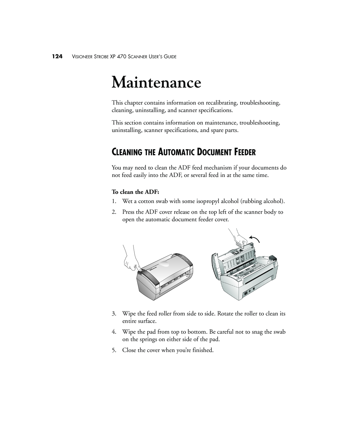 Visioneer XP 470 manual Maintenance, Cleaning The Automatic Document Feeder 
