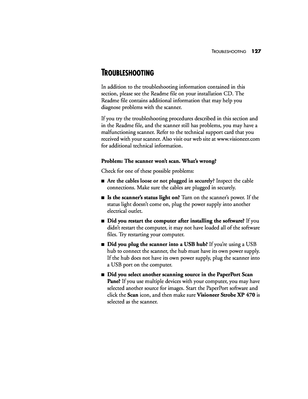 Visioneer XP 470 manual Troubleshooting 