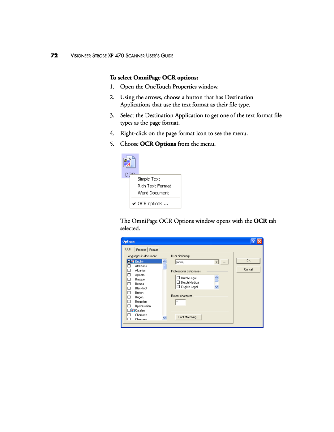 Visioneer manual To select OmniPage OCR options, VISIONEER STROBE XP 470 SCANNER USER’S GUIDE 
