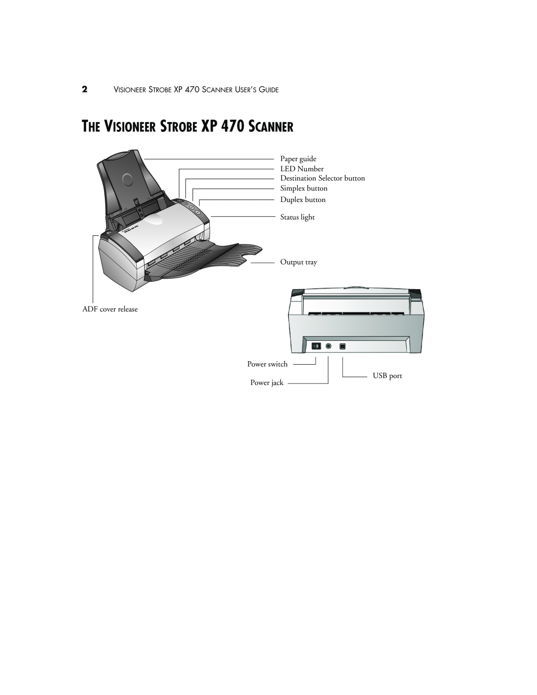 Visioneer manual THE VISIONEER STROBE XP 470 SCANNER, Paper guide LED Number Destination Selector button Simplex button 