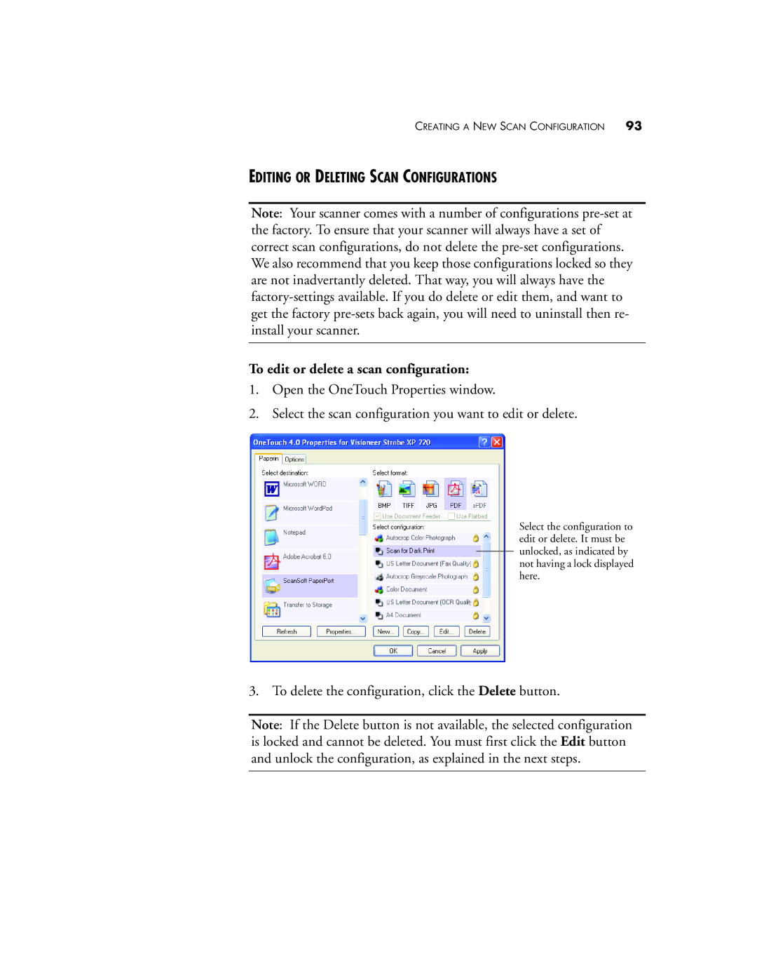 Visioneer XP220 manual Editing or Deleting Scan Configurations, To edit or delete a scan configuration 