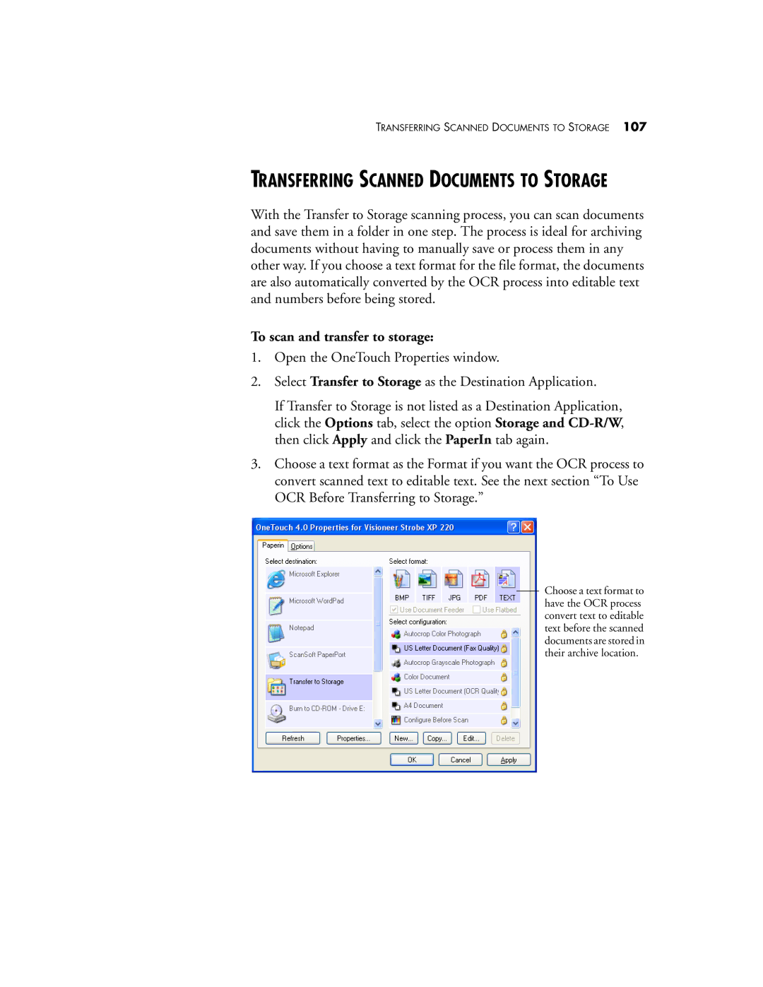 Visioneer XP220 manual Transferring Scanned Documents to Storage, To scan and transfer to storage 