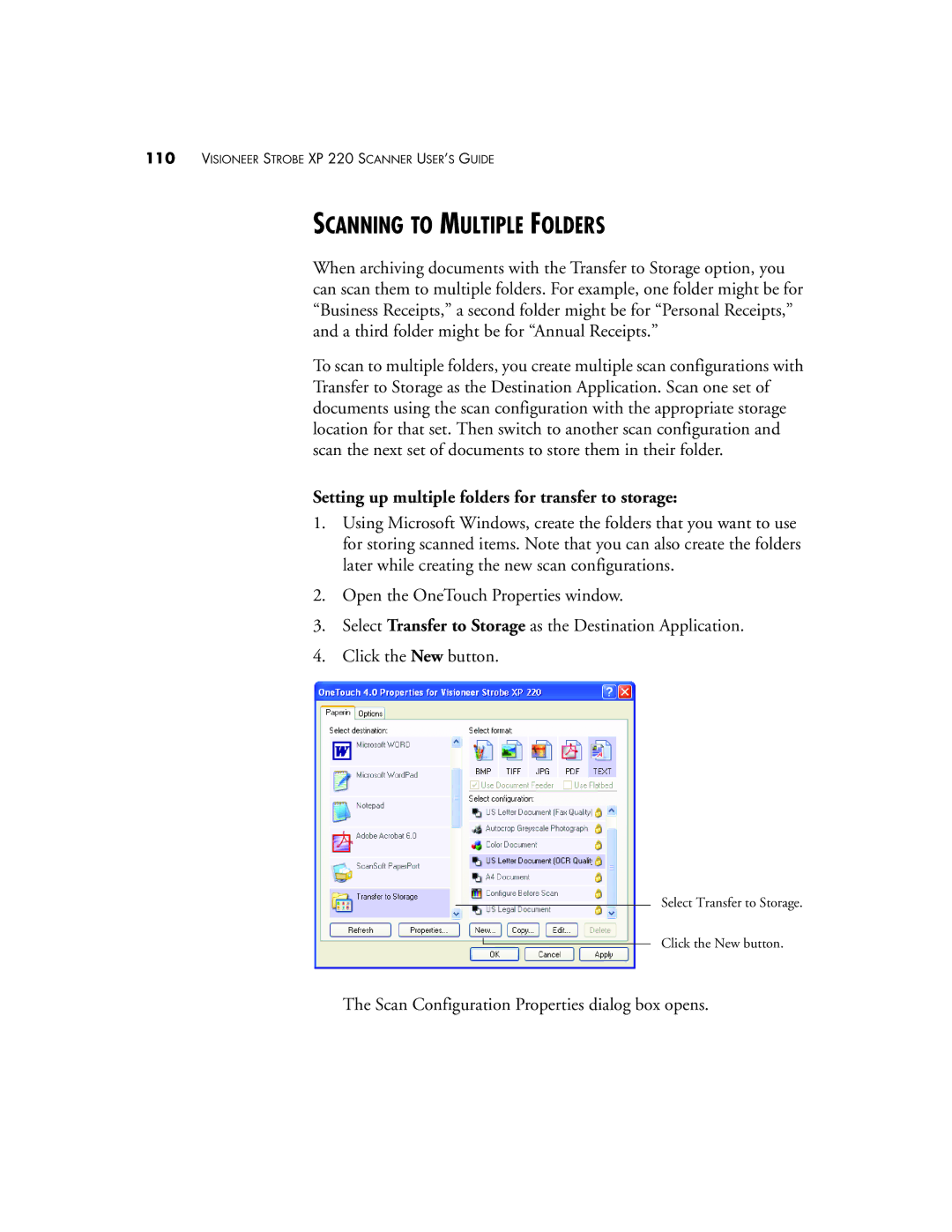 Visioneer XP220 manual Scanning to Multiple Folders, Setting up multiple folders for transfer to storage 