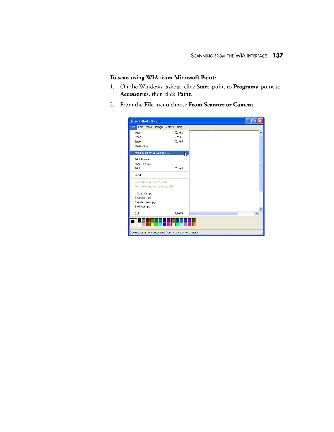Visioneer XP220 manual To scan using WIA from Microsoft Paint, From the File menu choose From Scanner or Camera 