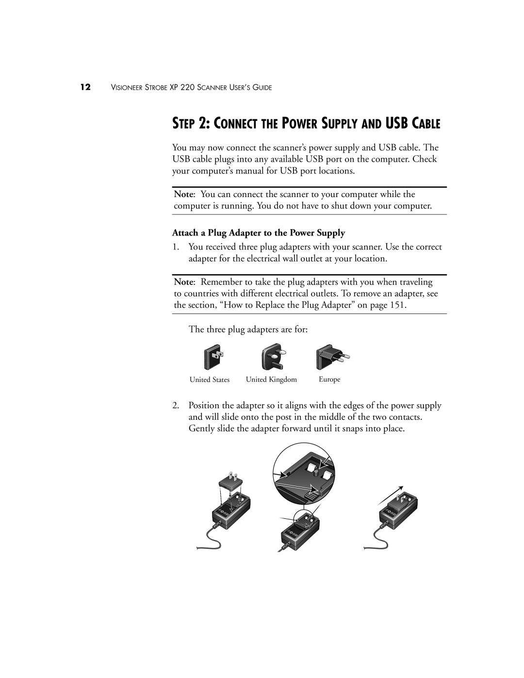 Visioneer XP220 manual Connect the Power Supply and USB Cable, Attach a Plug Adapter to the Power Supply 