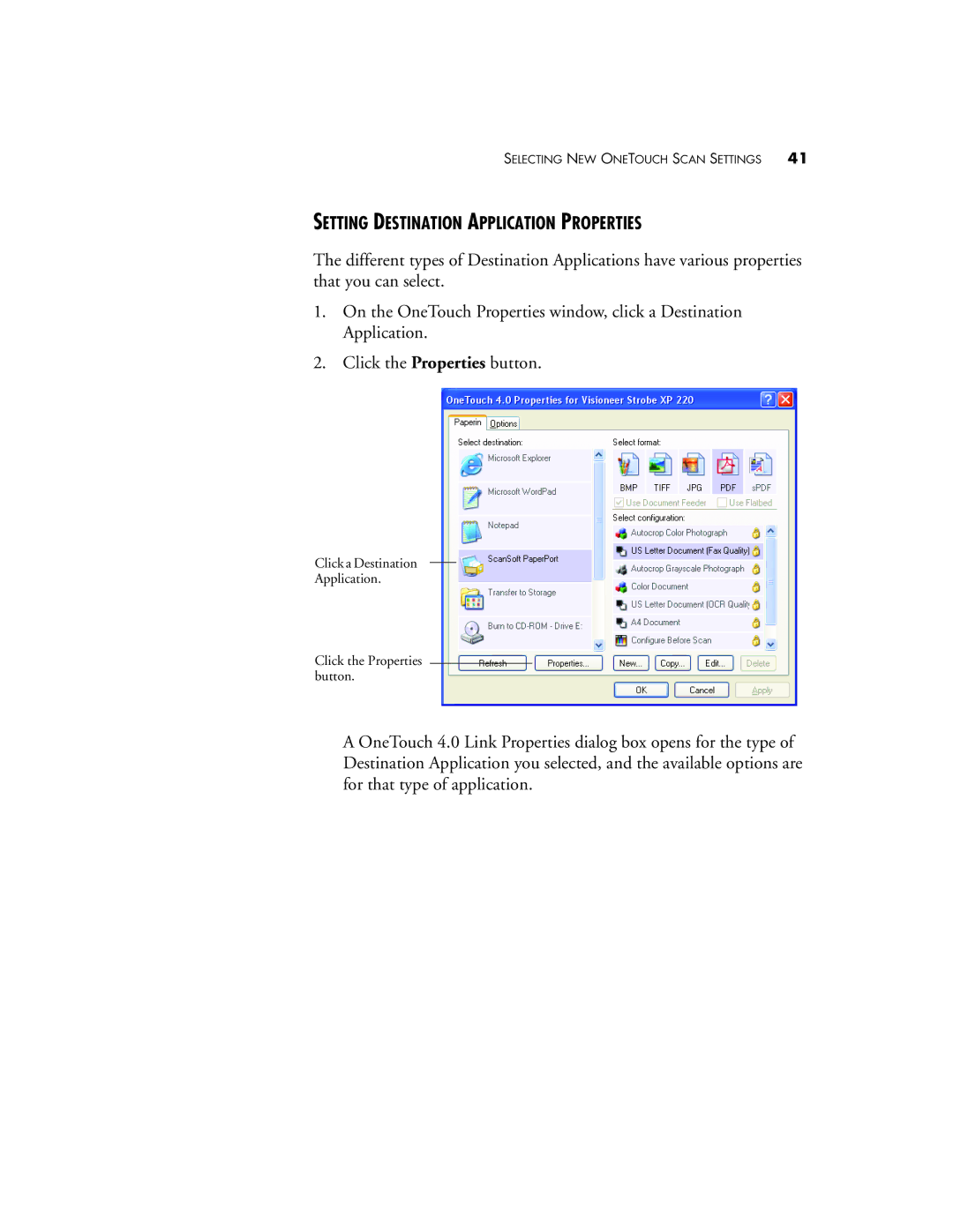 Visioneer XP220 manual Setting Destination Application Properties 