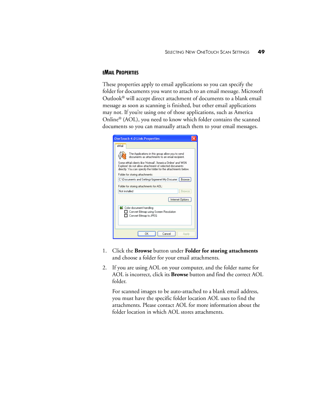 Visioneer XP220 manual Email Properties 