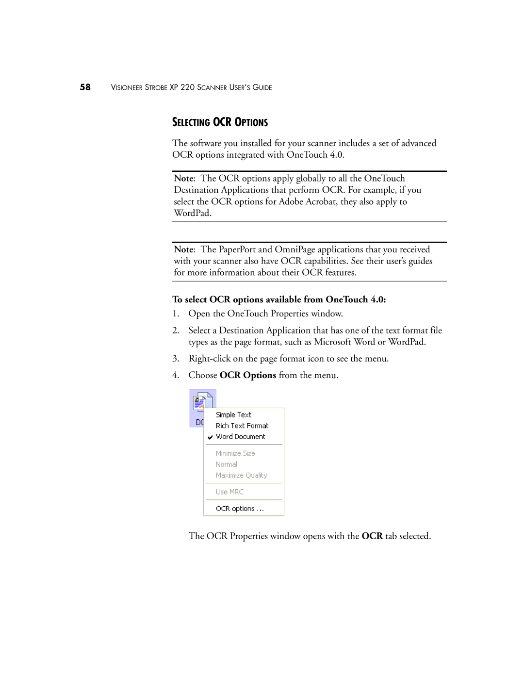 Visioneer XP220 manual Selecting OCR Options, To select OCR options available from OneTouch 