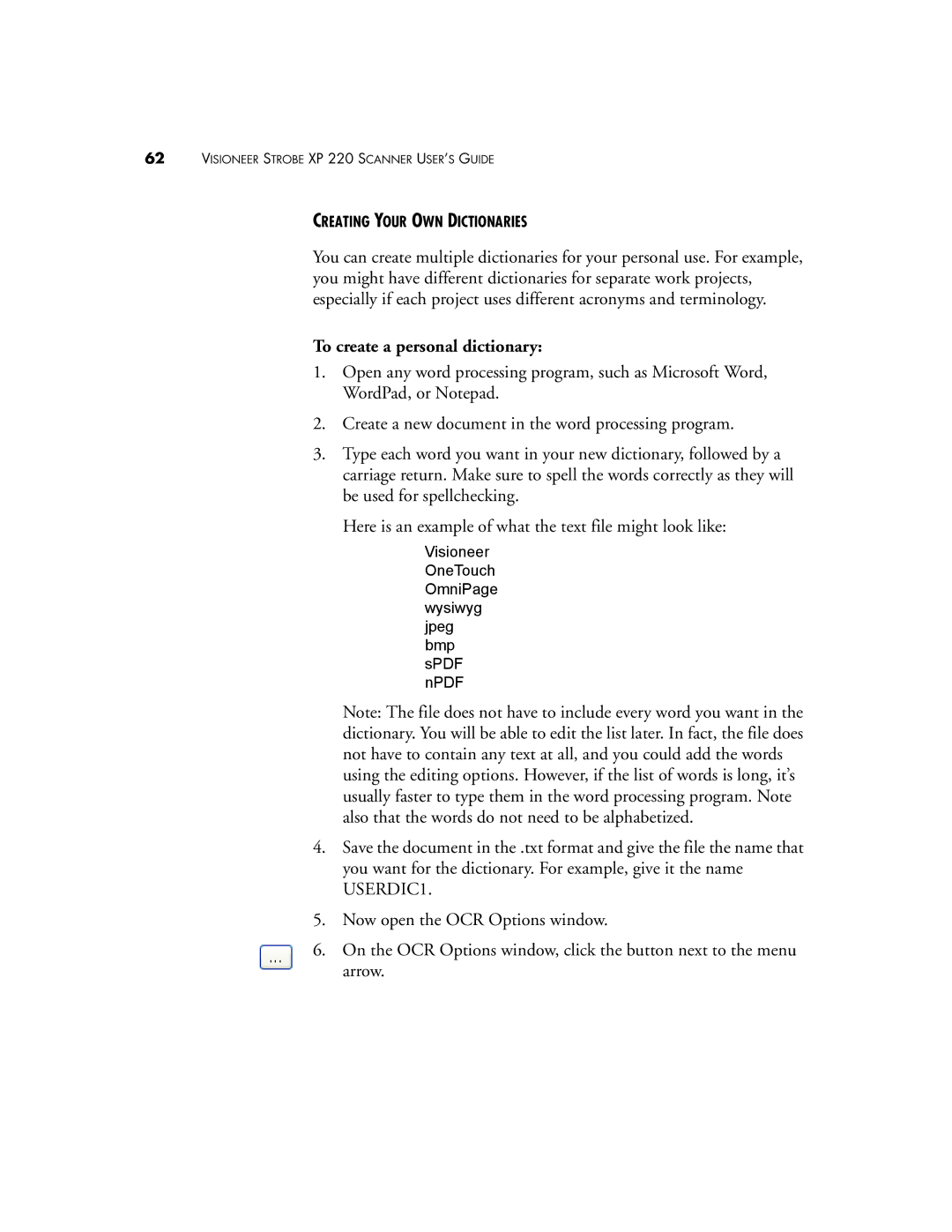 Visioneer XP220 manual To create a personal dictionary 