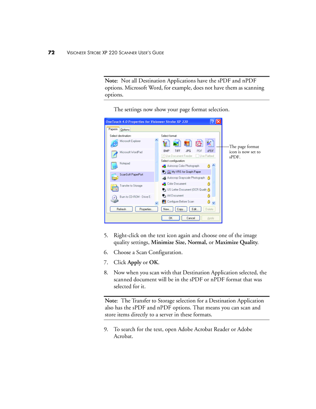 Visioneer XP220 manual Settings now show your page format selection 