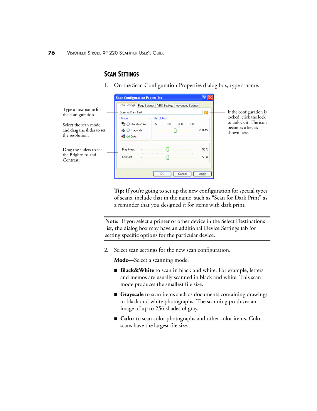 Visioneer XP220 manual Scan Settings 