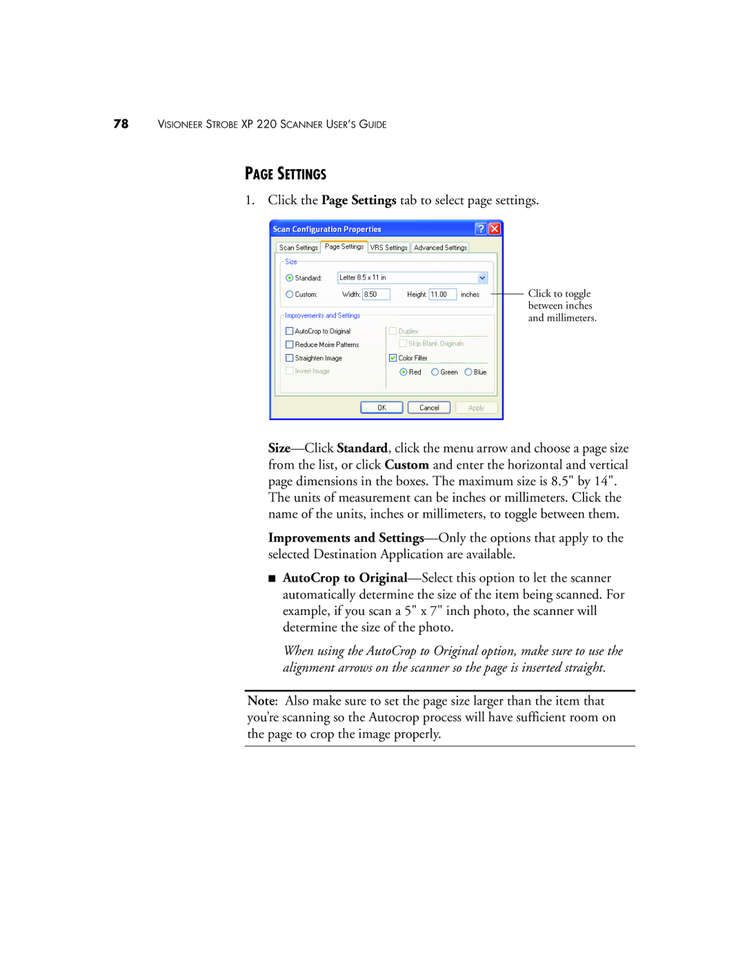 Visioneer XP220 manual Click the Page Settings tab to select page settings 