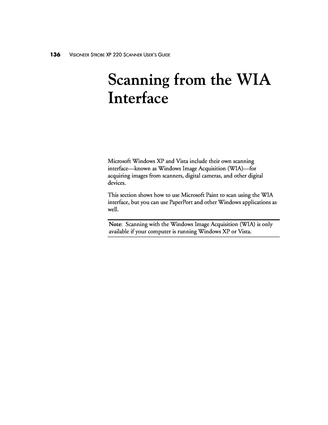 Visioneer XP220 manual Scanning from the WIA Interface, VISIONEER STROBE XP 220 SCANNER USER’S GUIDE 
