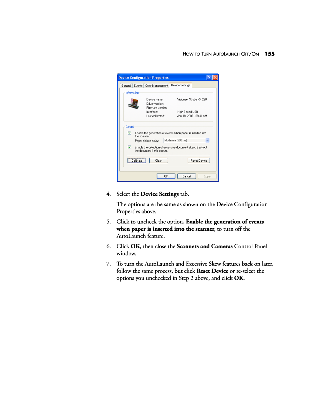 Visioneer XP220 manual Select the Device Settings tab 