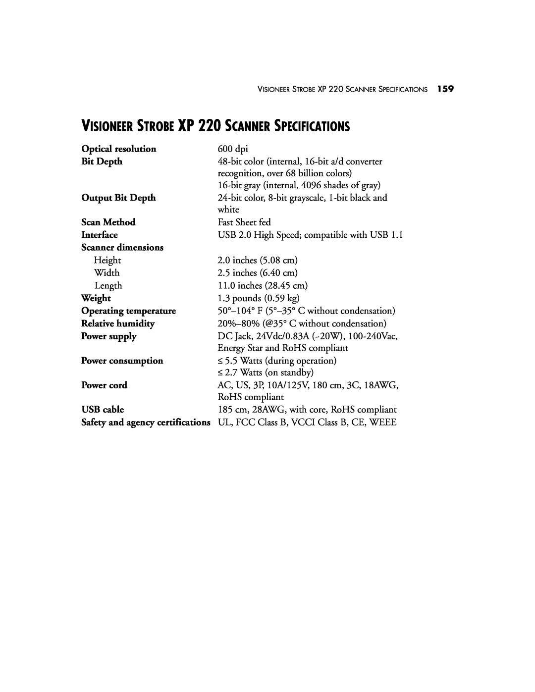 Visioneer XP220 manual VISIONEER STROBE XP 220 SCANNER SPECIFICATIONS 