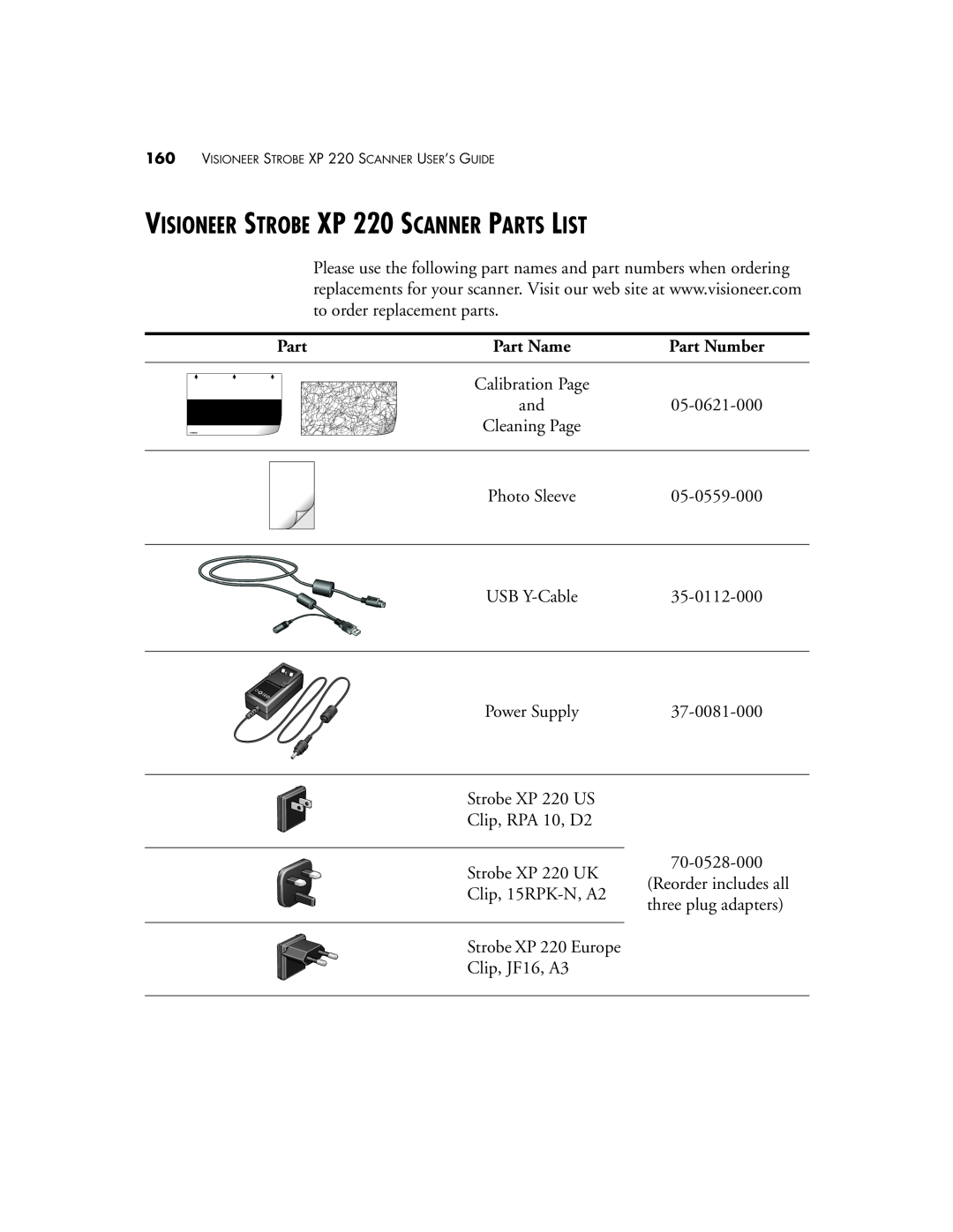 Visioneer XP220 manual VISIONEER STROBE XP 220 SCANNER PARTS LIST, Part Name, Part Number 