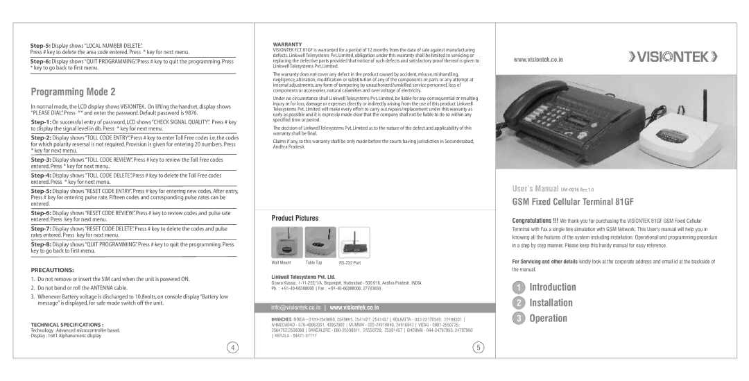 VisionTek 81GF user manual Programming Mode, Introduction Installation Operation, Precautions 