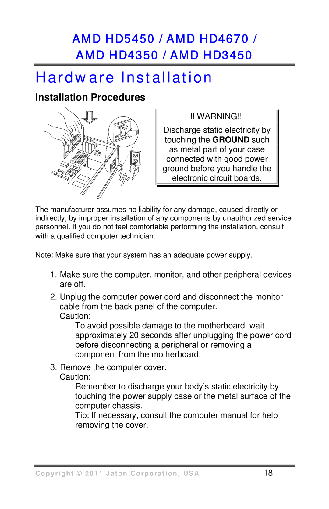 VisionTek HD 3450 user manual Hardware Installation, Installation Procedures 