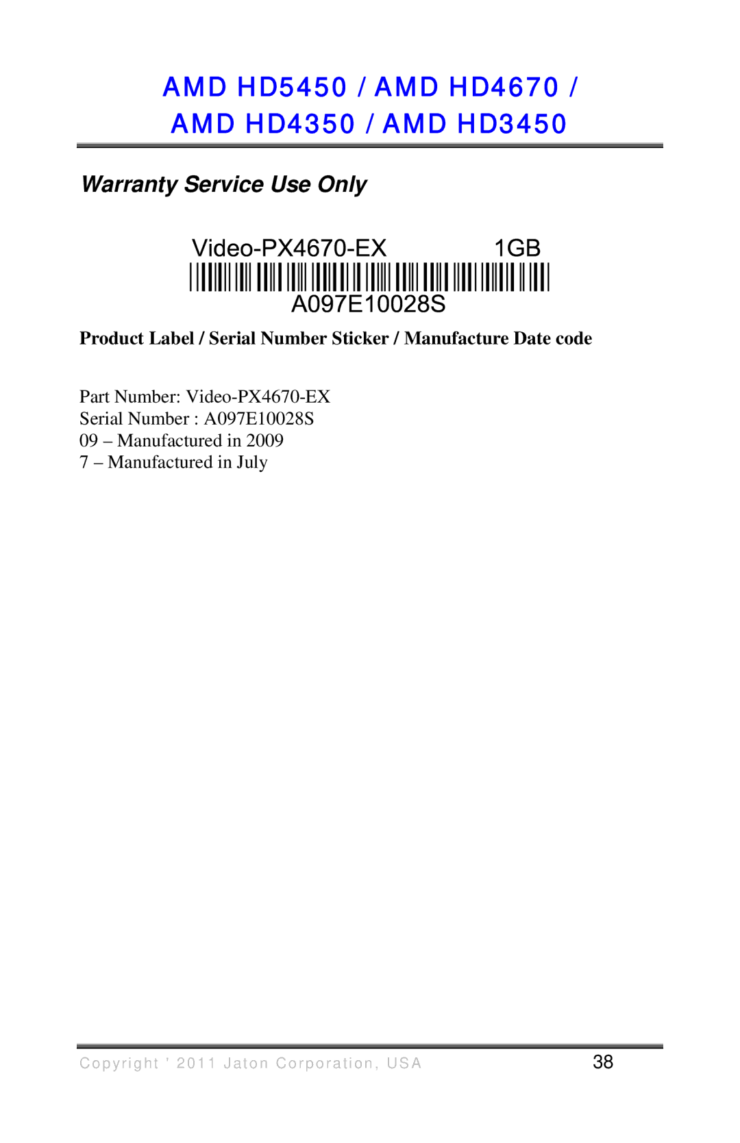 VisionTek HD 3450 user manual Warranty Service Use Only 