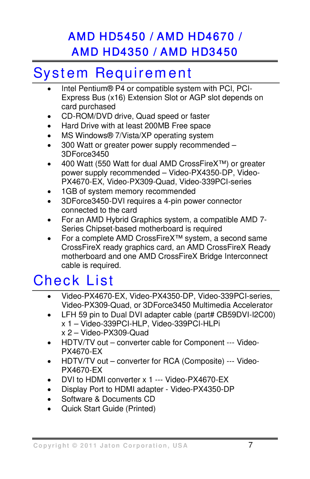 VisionTek HD 3450 user manual System Requirement, Check List 