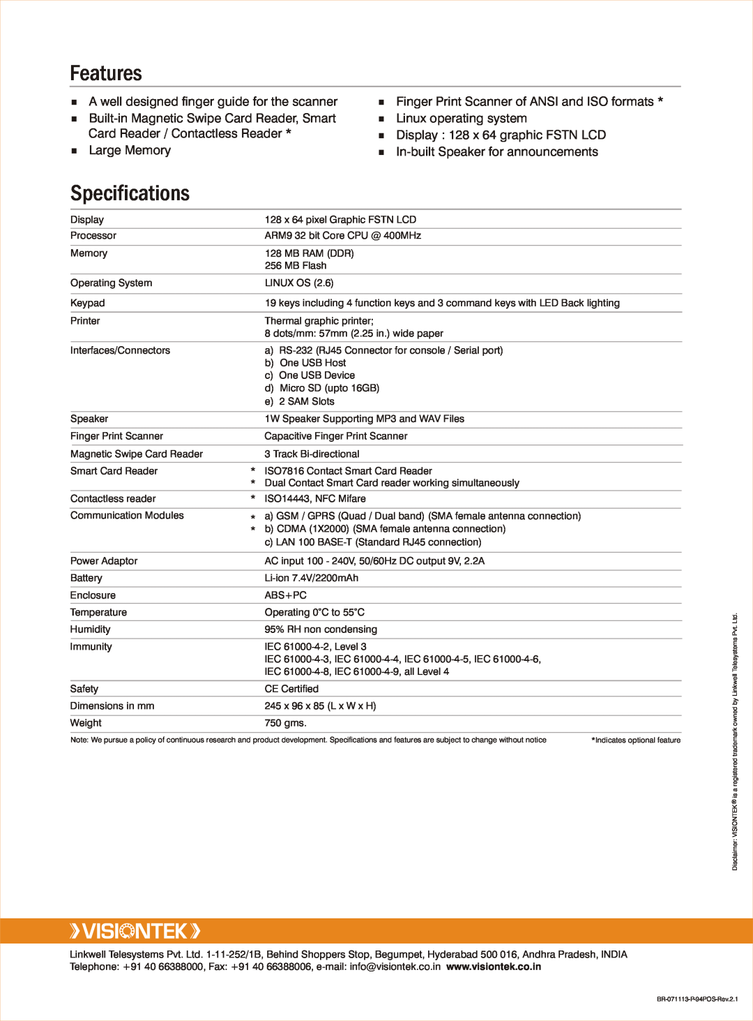 VisionTek ISO 7811 manual Features, Specifications, ¾A well designed finger guide for the scanner, ¾Linux operating system 