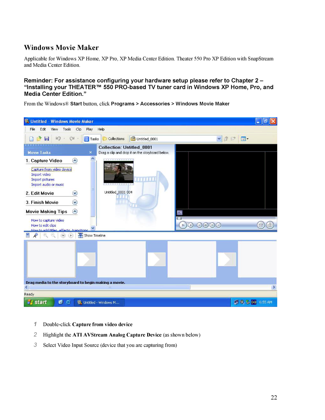 VisionTek Theater 550 PRO manual Windows Movie Maker 