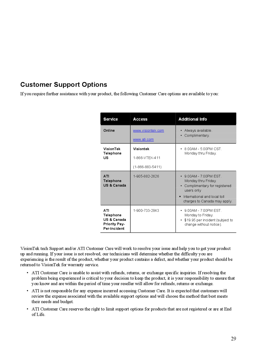 VisionTek Theater 550 PRO manual Customer Support Options 