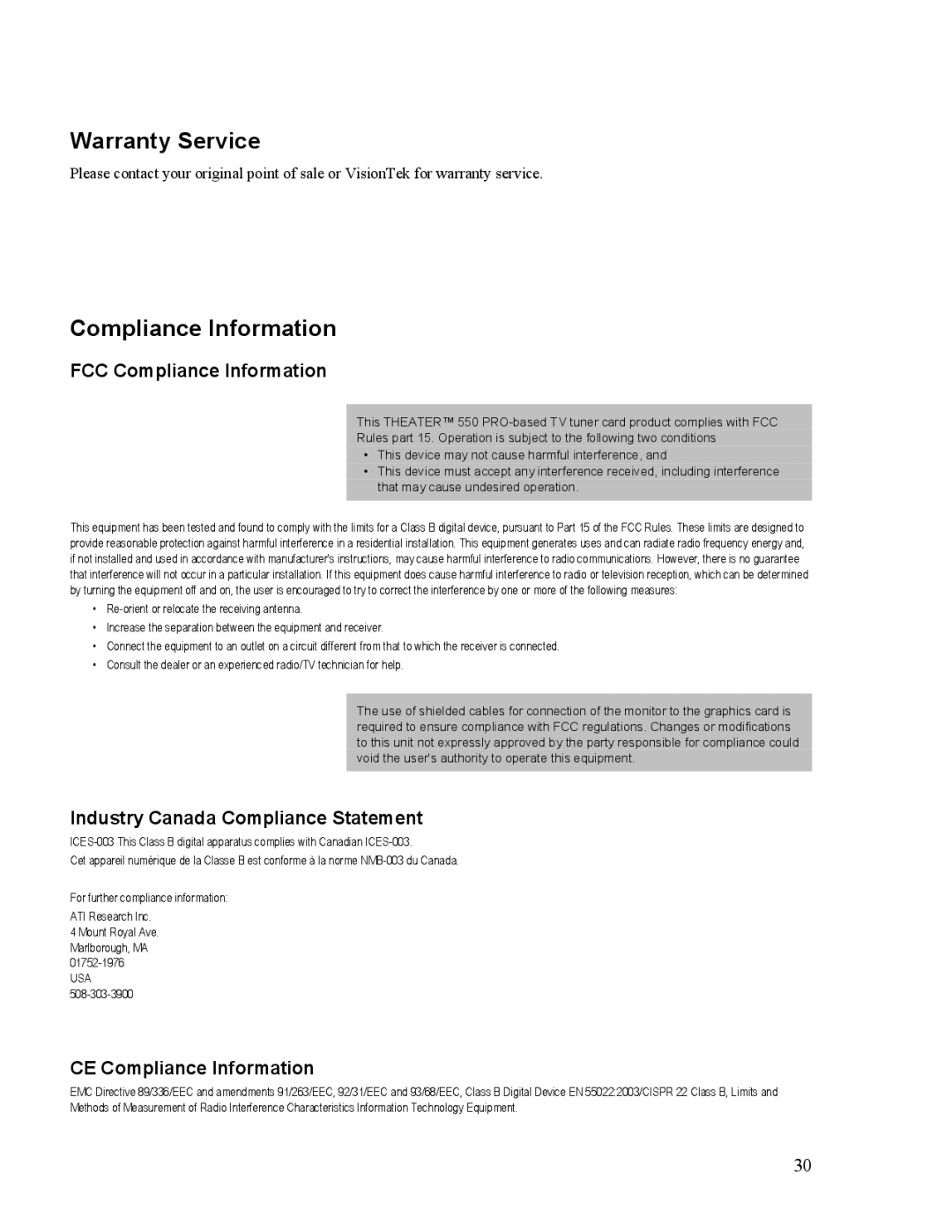 VisionTek Theater 550 PRO manual Warranty Service, Compliance Information 