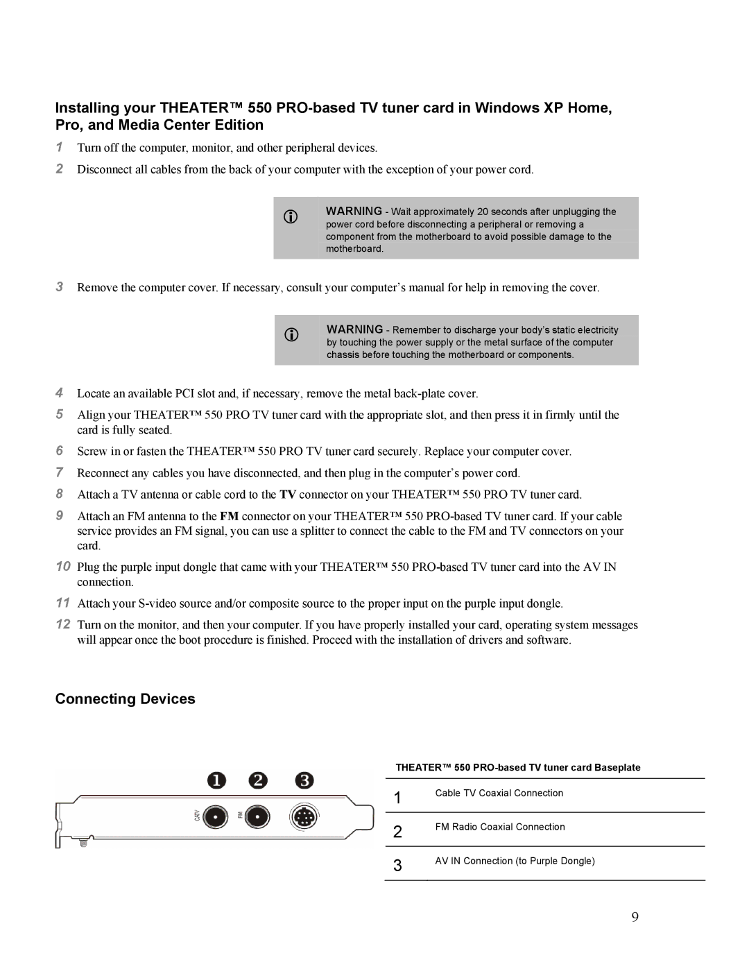 VisionTek manual Connecting Devices, Theater 550 PRO-based TV tuner card Baseplate 