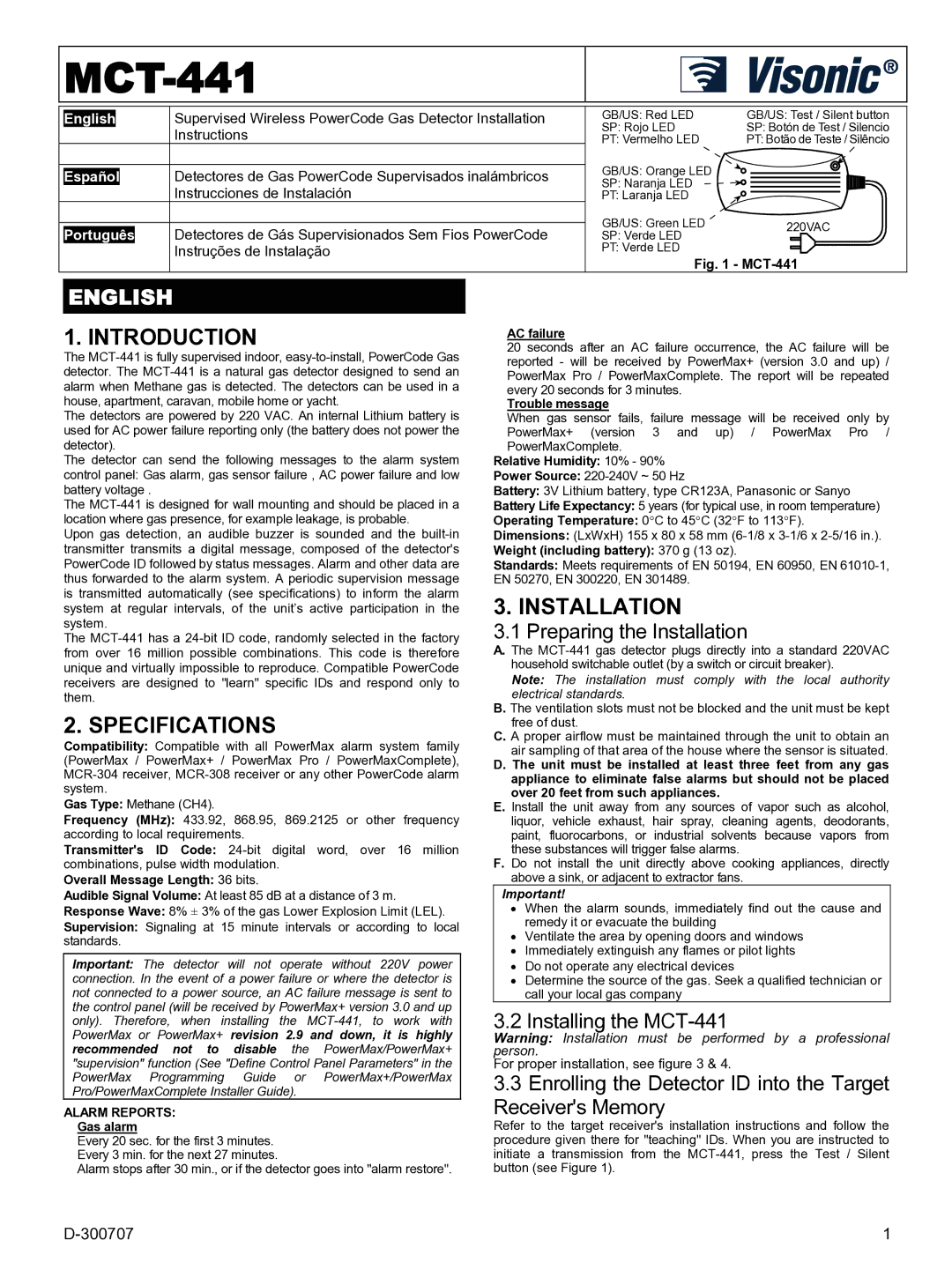 Visonik MCT-441 specifications Introduction, Specifications, Installation 