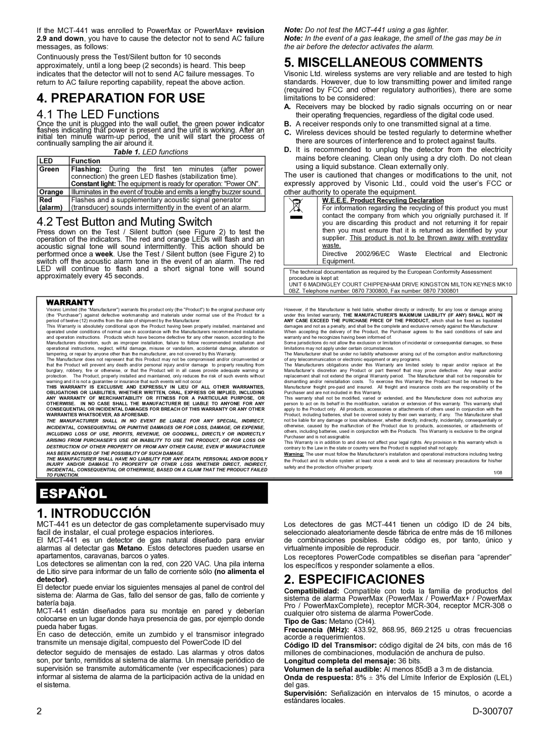 Visonik MCT-441 specifications Preparation for USE, Miscellaneous Comments, Español, Introducción, Especificaciones 