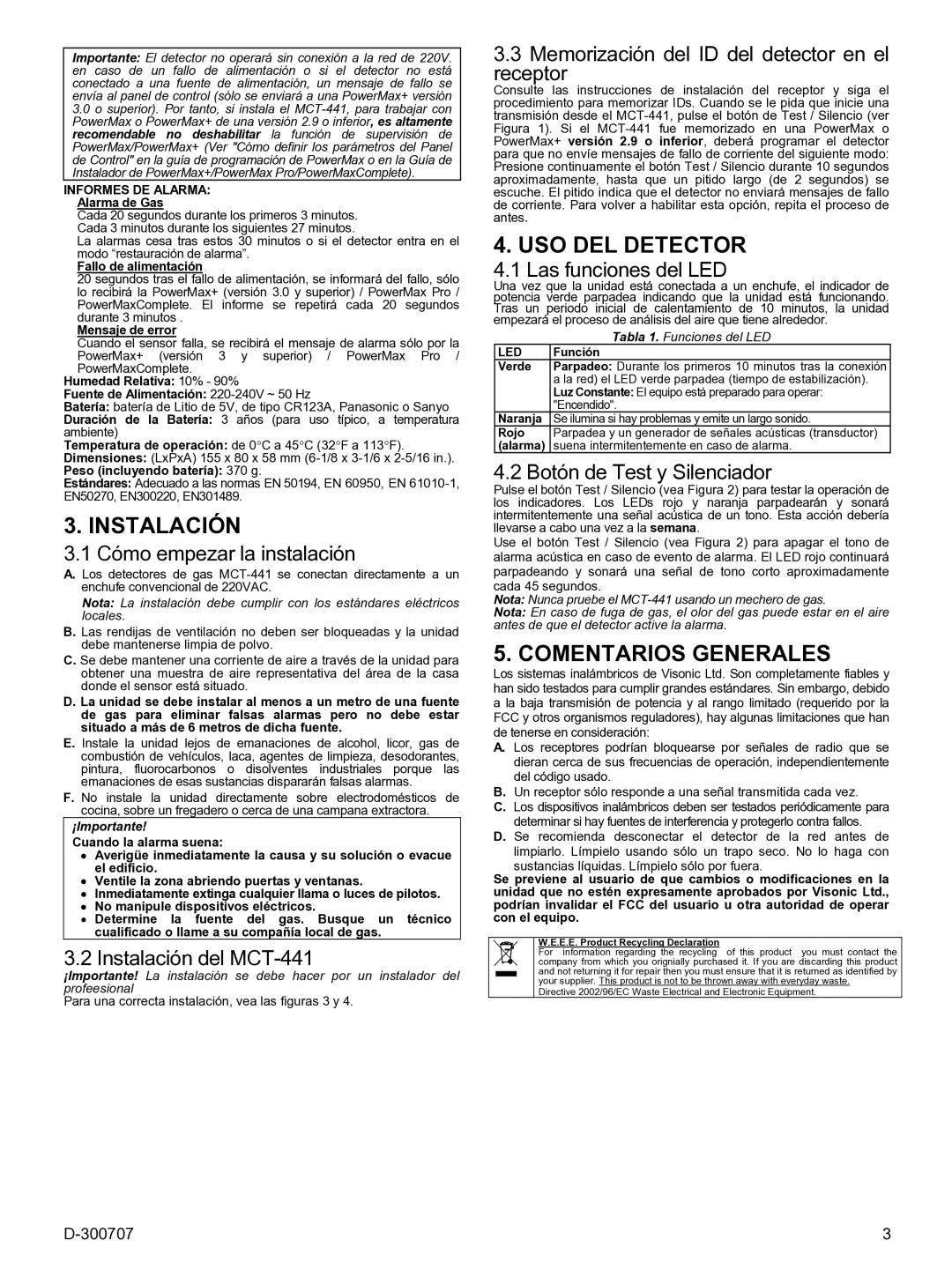 Visonik MCT-441 specifications Instalación, USO DEL Detector, Comentarios Generales 