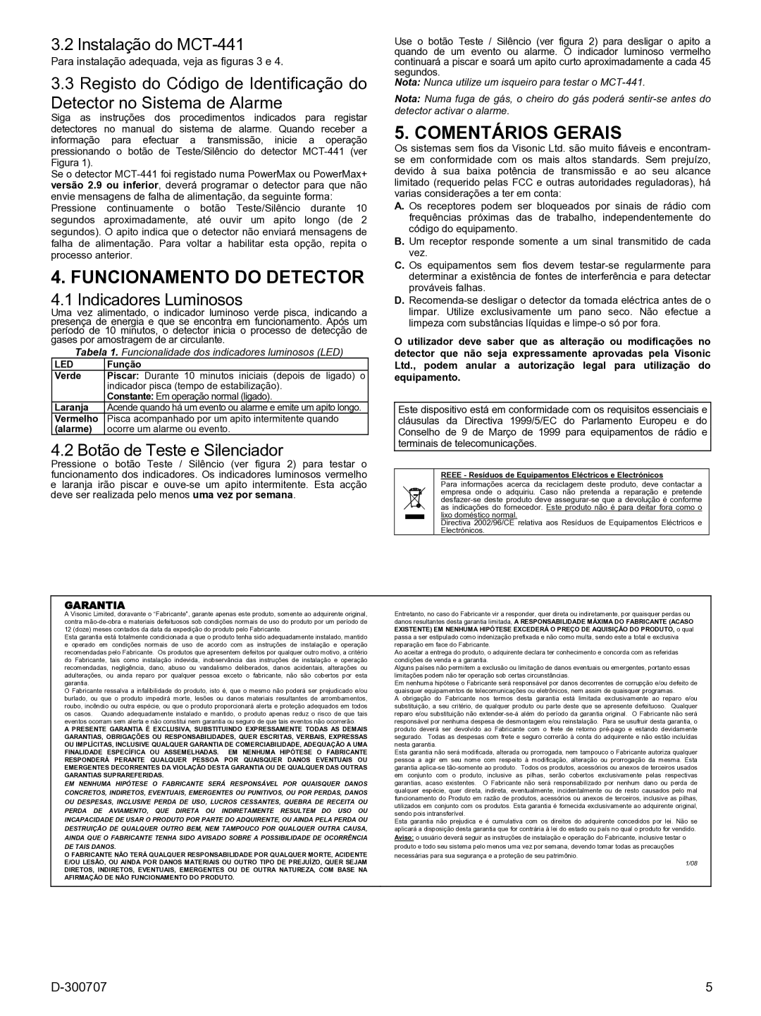 Visonik specifications Funcionamento do Detector, Comentários Gerais, Instalação do MCT-441, Indicadores Luminosos 