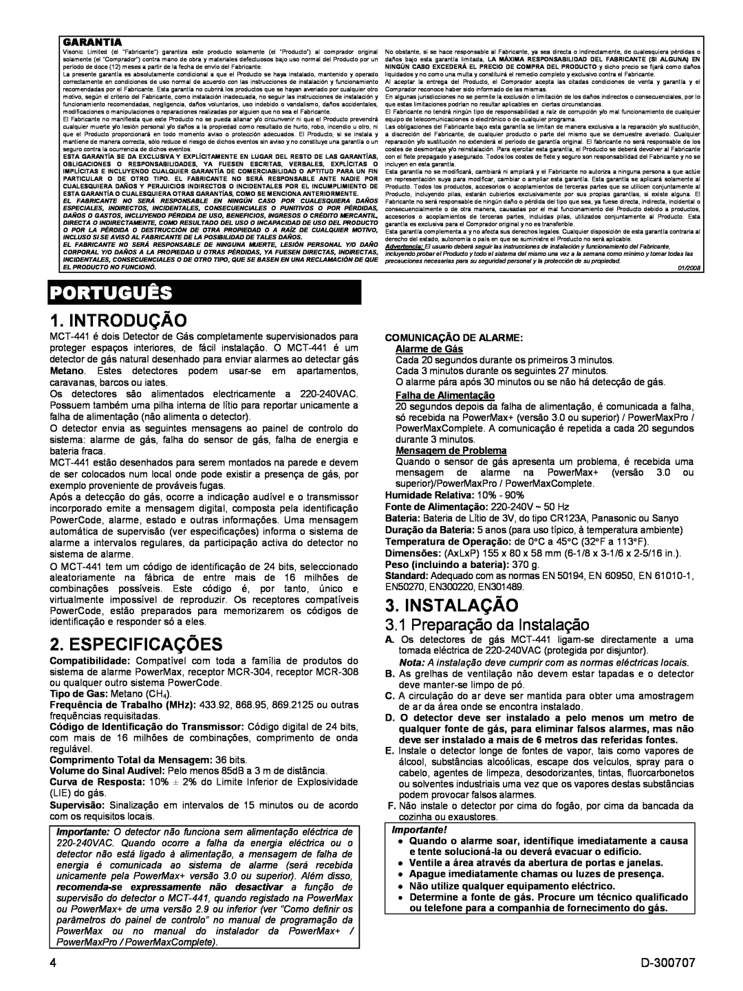 Visonik MCT-441 specifications Português, Introdução, Especificações, Preparação da Instalação, D-300707 