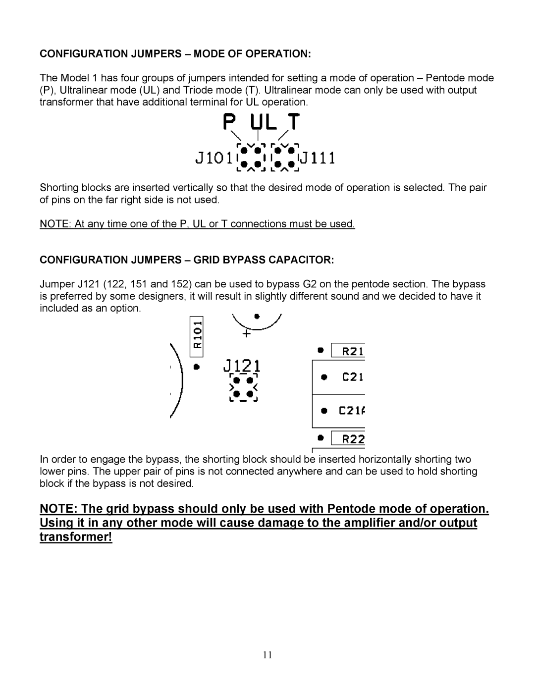 Vista 1 manual Configuration Jumpers Mode of Operation, Configuration Jumpers Grid Bypass Capacitor 