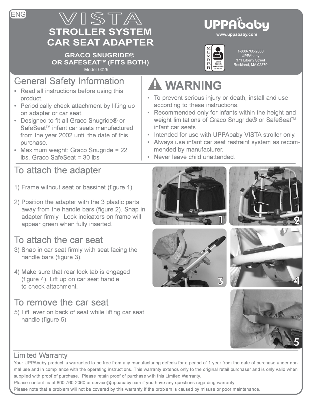 Vista 29 warranty General Safety Information, To attach the adapter, To attach the car seat, To remove the car seat 