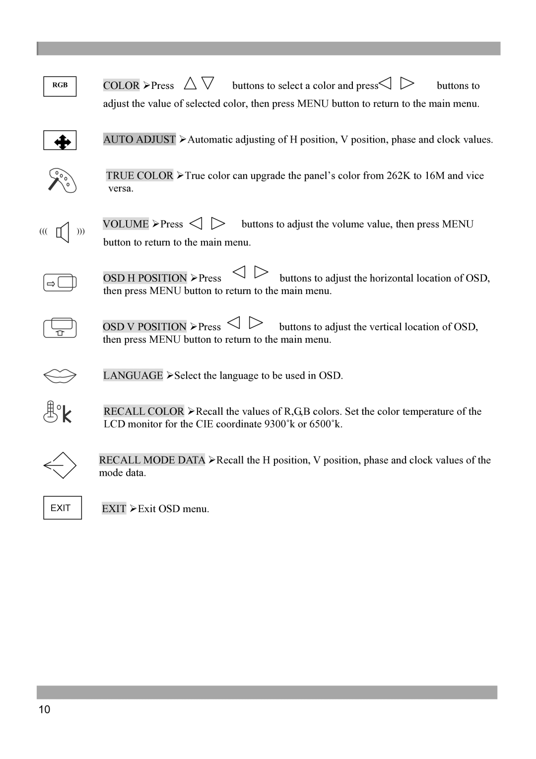 Vista Imaging VFSM15 manual Color, Volume, OSD H Position, OSD V Position 