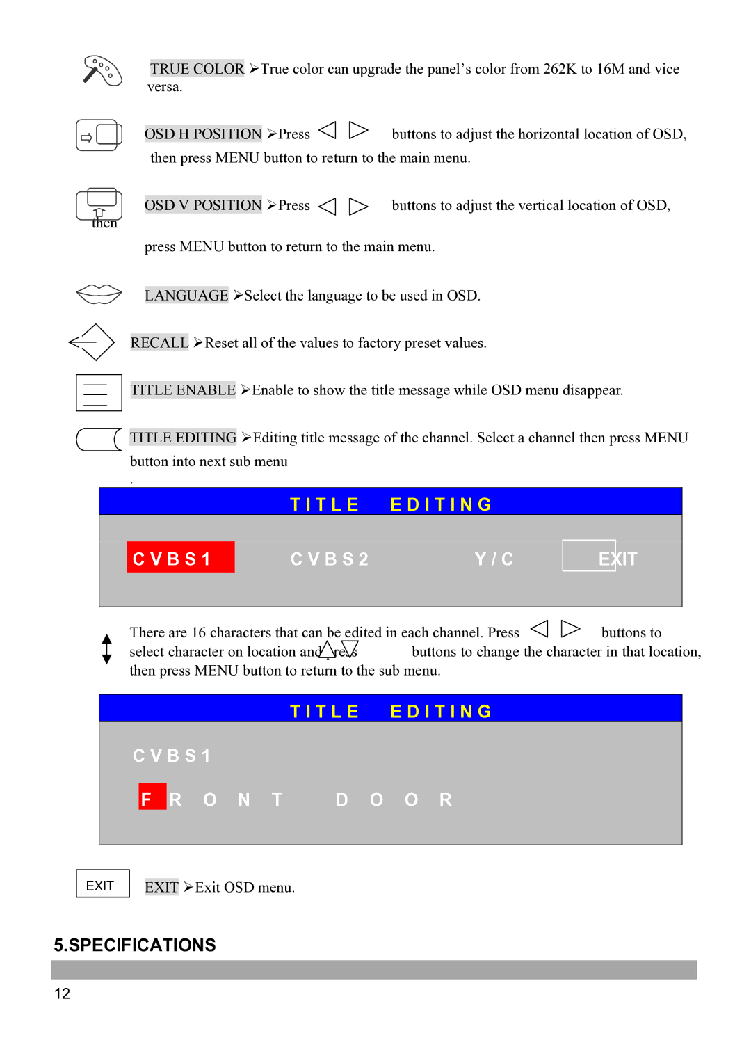 Vista Imaging VFSM15 manual Exit, Specifications 