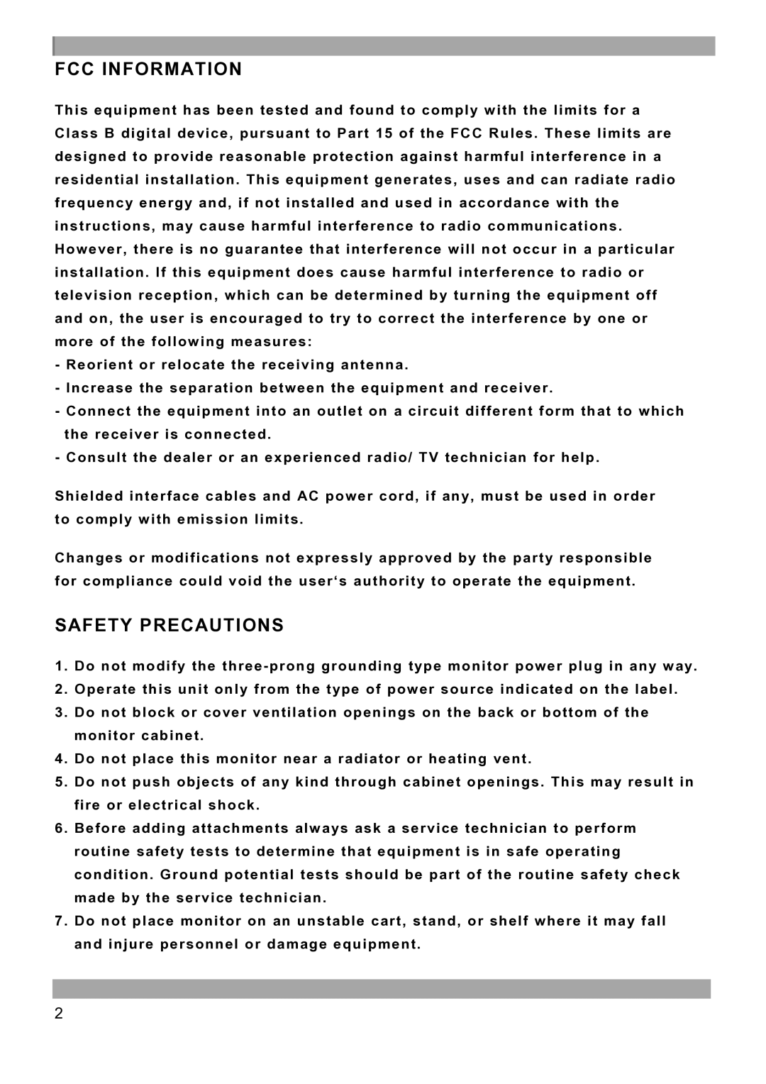 Vista Imaging VFSM15 manual FCC Information, Safety Precautions 