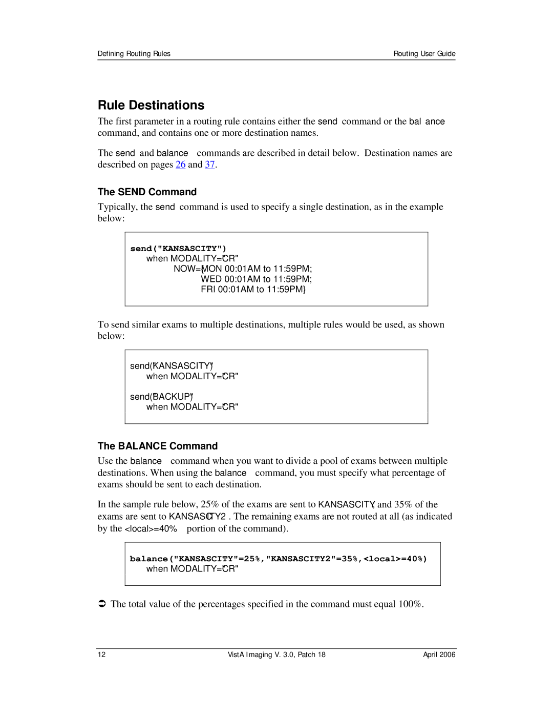 Vista Imaging Vista Routing manual Rule Destinations, Send Command, Balance Command 