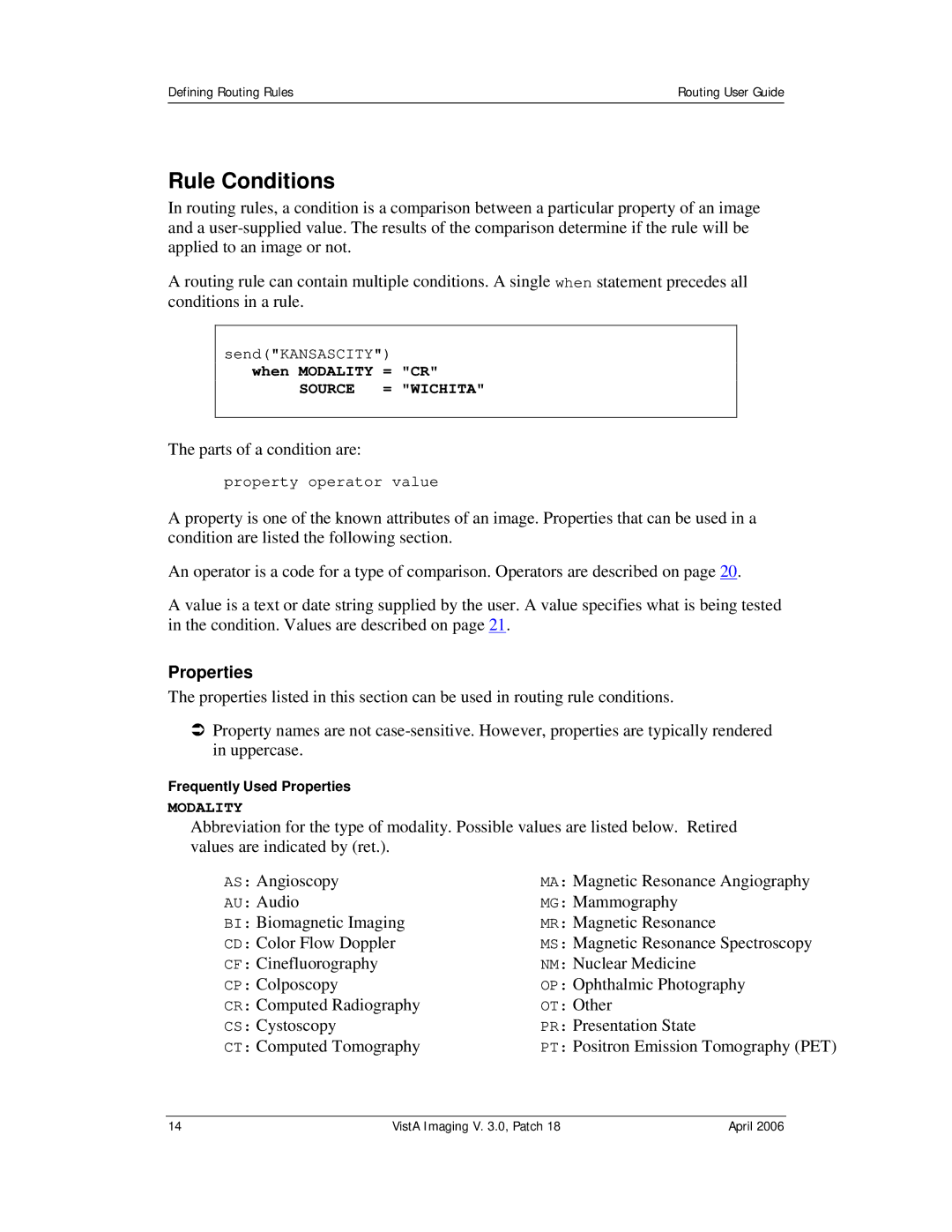 Vista Imaging Vista Routing manual Rule Conditions, Frequently Used Properties 